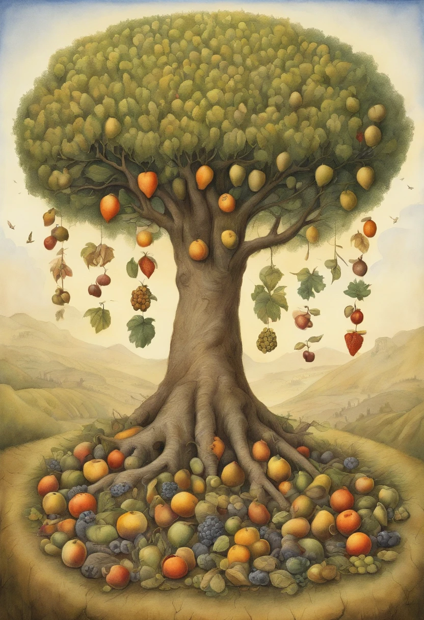 Depict a tree growing various currencies as fruits, with only a few people at the top enjoying the harvest while the majority struggles to reach the lower branches, symbolizing income inequality. In the syle of pawel kuczynski