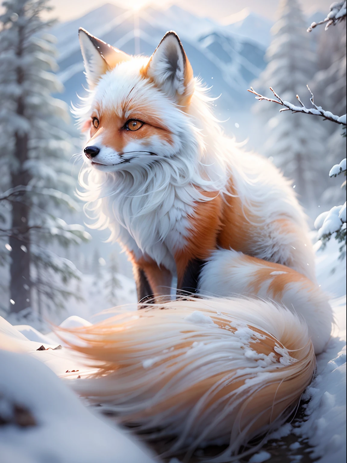 (Great view of the snowy mountains,Natural beauty),Beautiful and dreamy picture,Many trees,Frozen tree,crystal-clear。red fox:1.1。snow mountains:1.5。Cute white fox under snowy mountains, very very beautiful furry art, ethereal fox, White fox, 8K high quality detailed art, 4K verbs