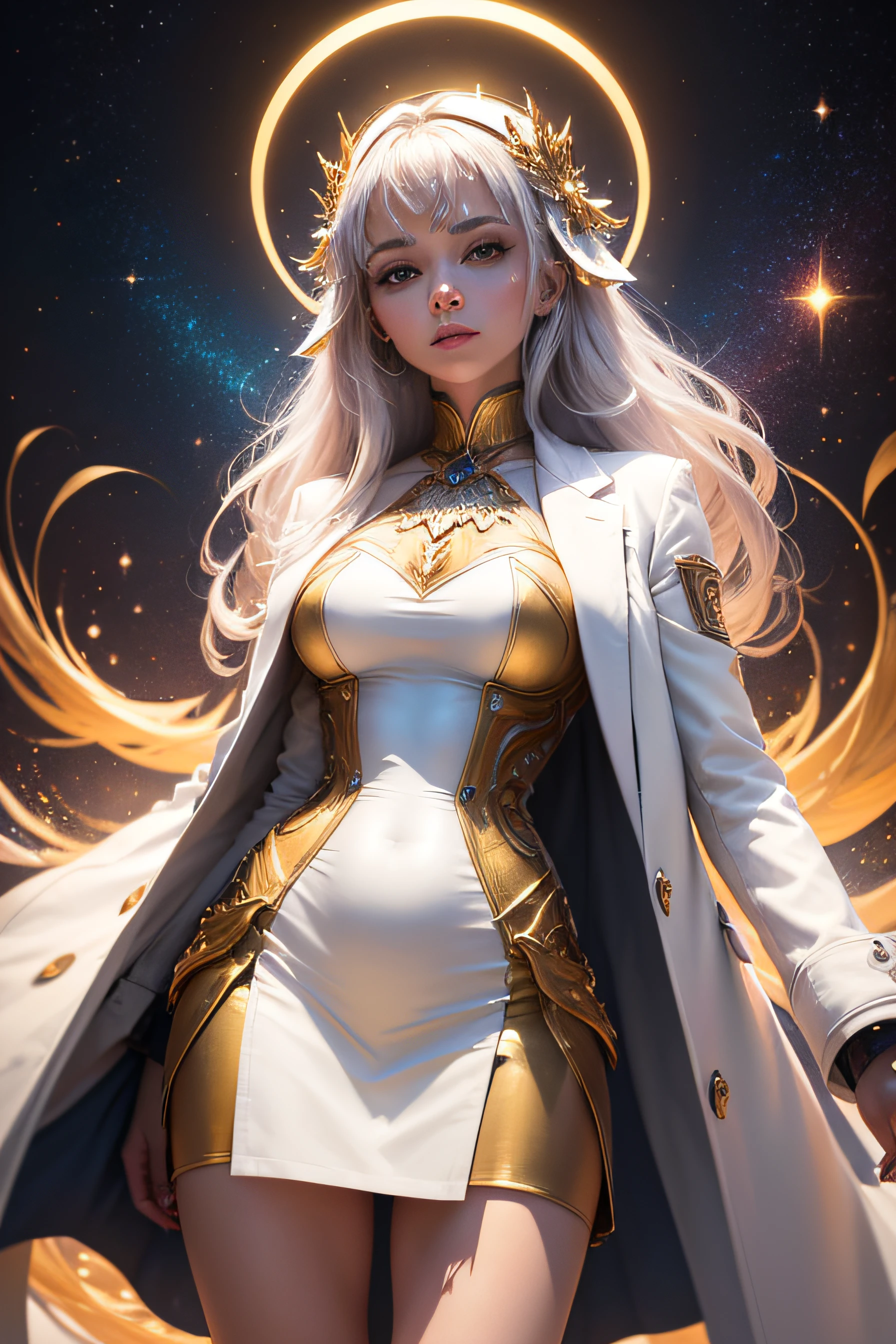 (Masterpiece, premier quality, Best quality, Art officiel, beautiful and aesthetic:1.2), (1fille), extremly detailed, femme africaine,(Art fractal:1.3), colourfull, Most Detailed, visage parfait, Haut du corps, Hdr, (Prier:1.3), (White coat gold lines:1.2), galaxie, (Light streaks), Des visuels saisissants, (Stries dynamiques, Sentiers lumineux:1.2), Vibrant colors,