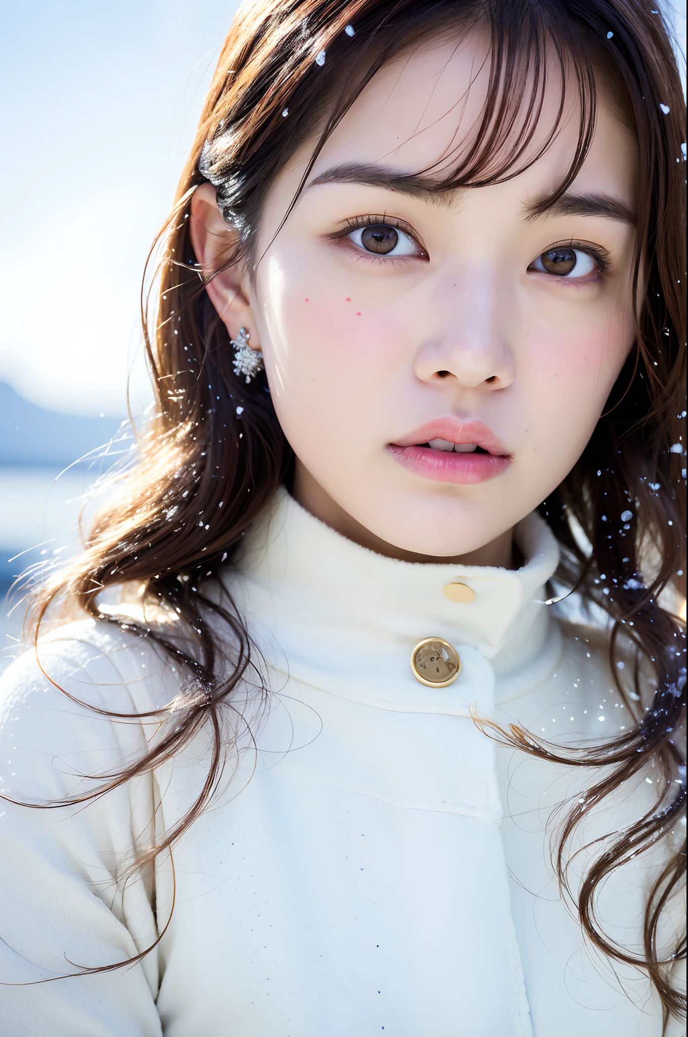 (8k, best quality, masterpiece, ultra highres:1.2) Photo of Pretty Japanese woman
 in the (style of paul rubens and rebecca guay:1.1) (melancholy winter snow:1.4)