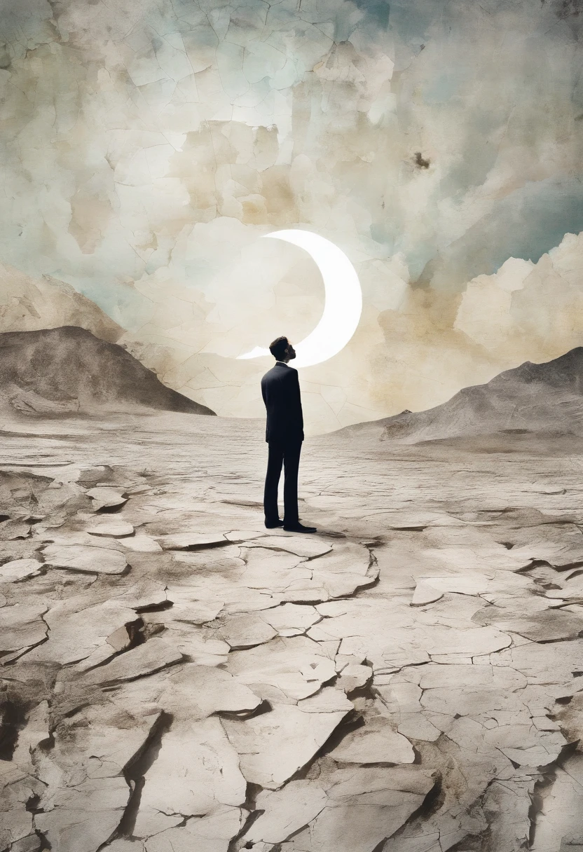 a man  standing alone in a white, open space. The camera angle should be a low-angle shot looking up at them. They appear anxious, looking upwards with intense fear and tension