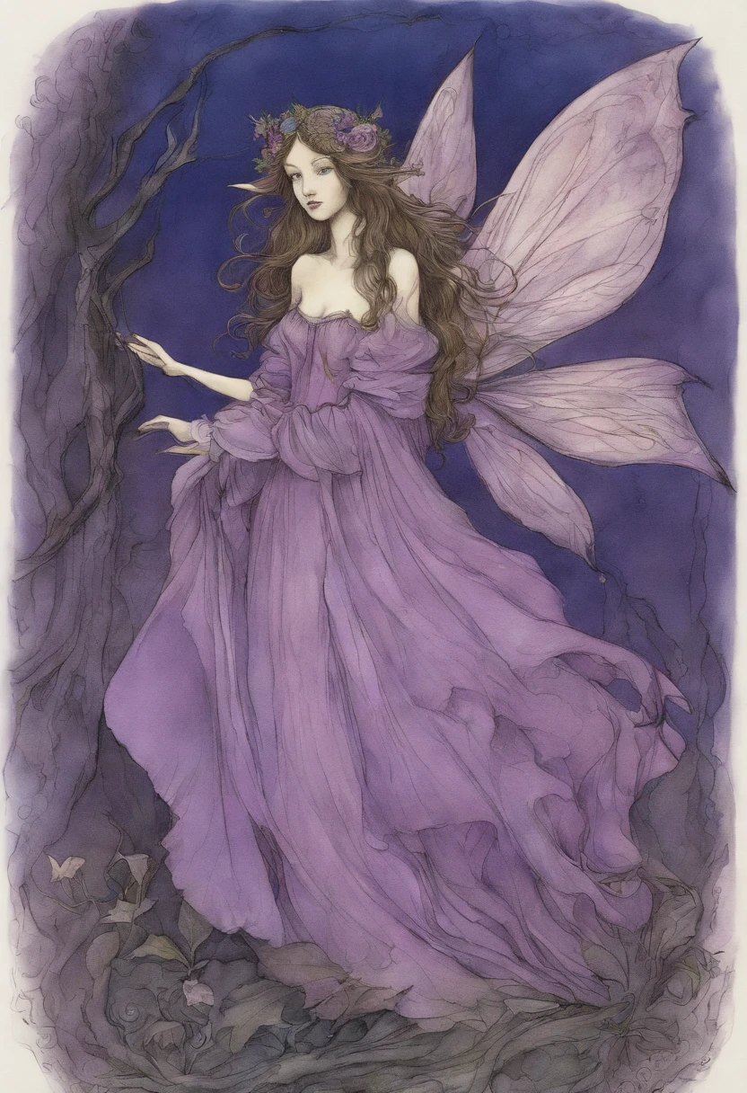 a drawing of a fairy with a purple dress and wings, brian froud style, inspired by Warwick Goble, inspired by Brian Froud, faerie, inspired by Brian and Wendy Froud, Painting of a bloodthirsty fairy, inspired by Wendy Froud, study of a flower fairy, portrait of a fairy, pixie character, fairy dancing