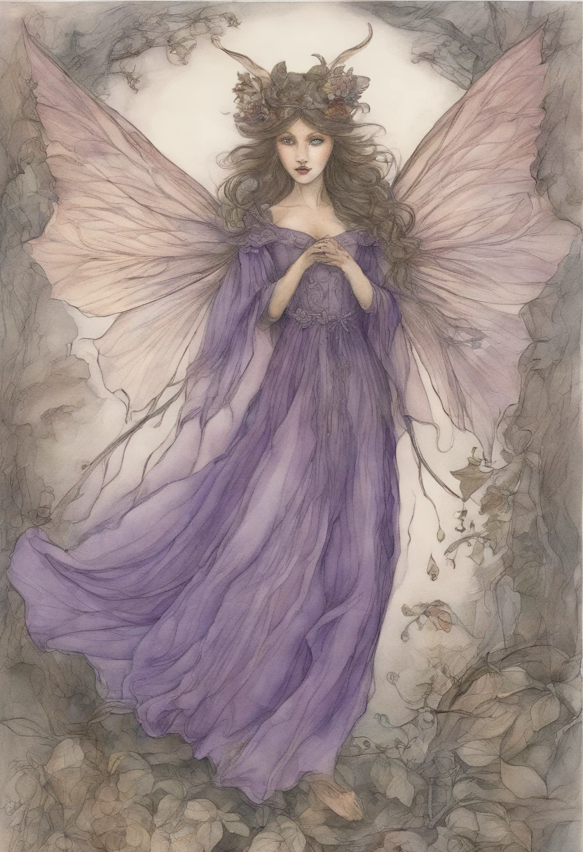 a drawing of a fairy with a purple dress and wings, brian froud style, inspired by Warwick Goble, inspired by Brian Froud, faerie, inspired by Brian and Wendy Froud, Painting of a bloodthirsty fairy, inspired by Wendy Froud, study of a flower fairy, portrait of a fairy, pixie character, fairy dancing