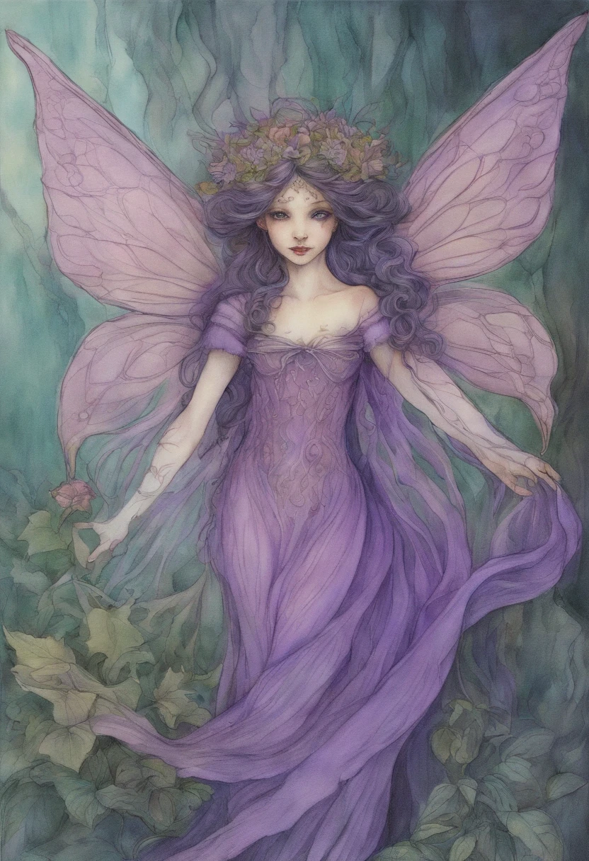 a drawing of a fairy with a purple dress and wings, a color pencil sketch inspired by Warwick Goble, deviantart contest winner, fantasy art, brian froud style, faerie, Painting of a bloodthirsty fairy, study of a flower fairy, portrait of a fairy, pixie character, fairy dancing, portrait of fairy, intricate costume design