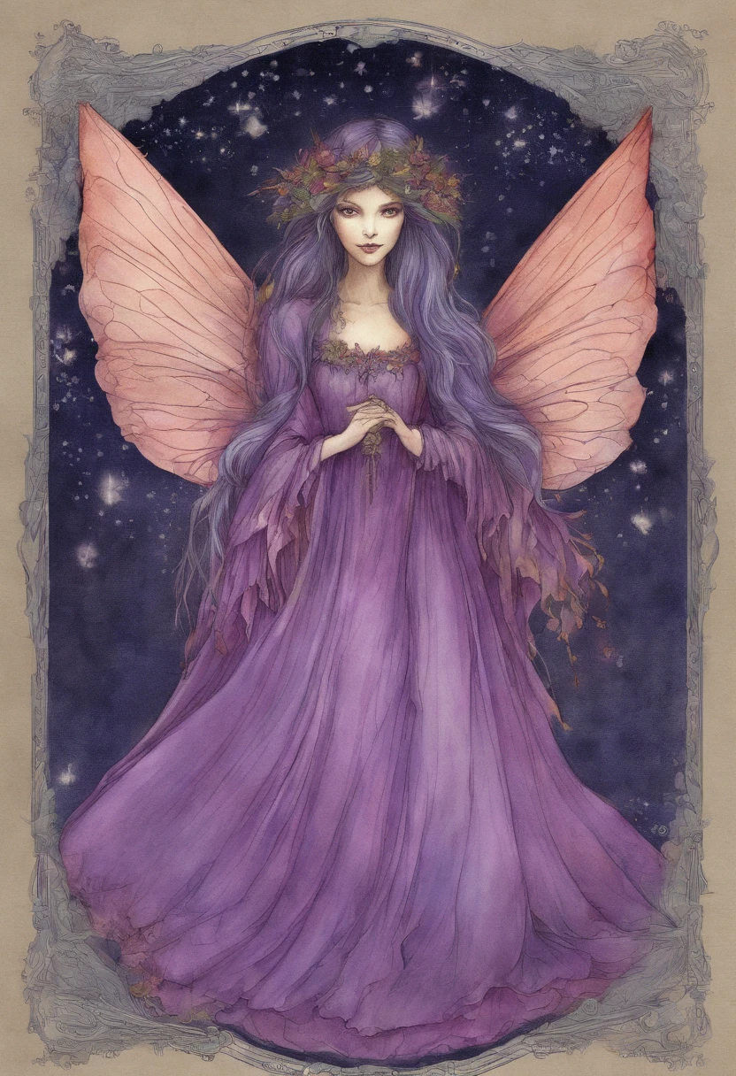 a drawing of a fairy with a purple dress and wings, a color pencil sketch inspired by Warwick Goble, deviantart contest winner, fantasy art, brian froud style, faerie, Painting of a bloodthirsty fairy, study of a flower fairy, portrait of a fairy, pixie character, fairy dancing, portrait of fairy, intricate costume design