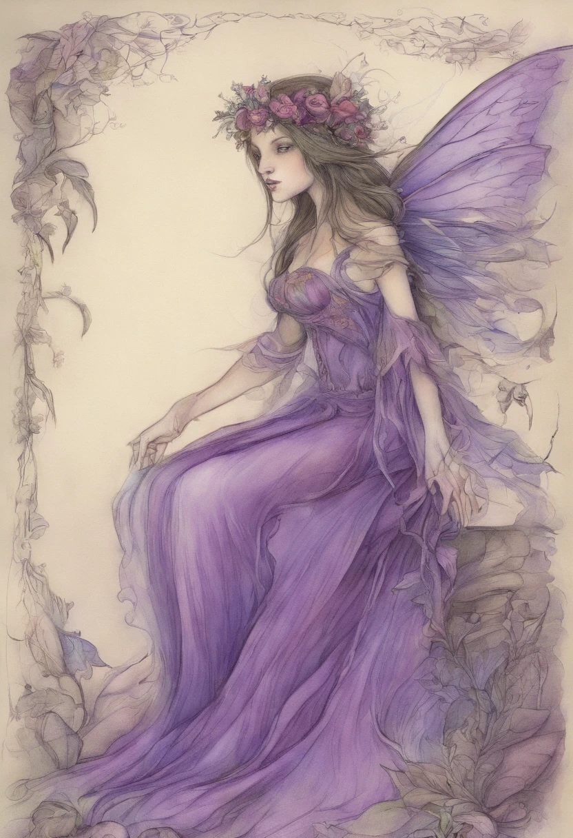 a drawing of a fairy with a purple dress and wings, a color pencil sketch inspired by Warwick Goble, deviantart contest winner, fantasy art, brian froud style, faerie, Painting of a bloodthirsty fairy, study of a flower fairy, portrait of a fairy, pixie character, fairy dancing, portrait of fairy, intricate costume design