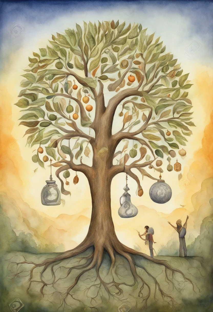Depict a tree growing various currencies, with only a few people at the top enjoying the harvest while the majority struggles to reach the lower branches, symbolizing income inequality. In the syle of pawel kuczynski