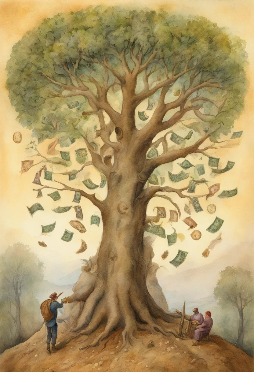 Depict a tree growing various currencies, with only a few people at the top enjoying the harvest while the majority struggles to reach the lower branches, symbolizing income inequality. In the syle of pawel kuczynski