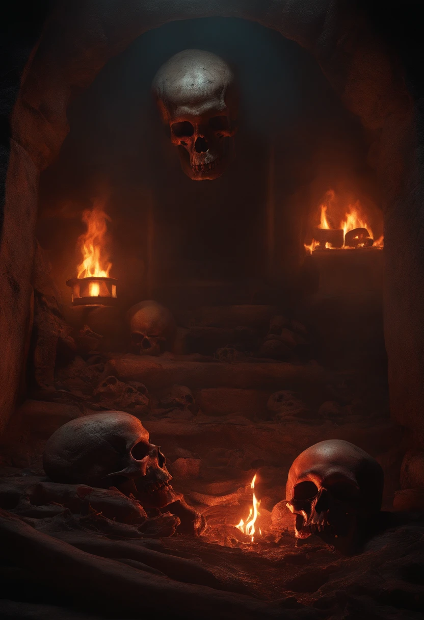 (high quality,HD,cinematic),horror,frequently visited,corpses,skulls,image depicting hell,Necronomicon,painting in the style of depiction,realistic,shadows