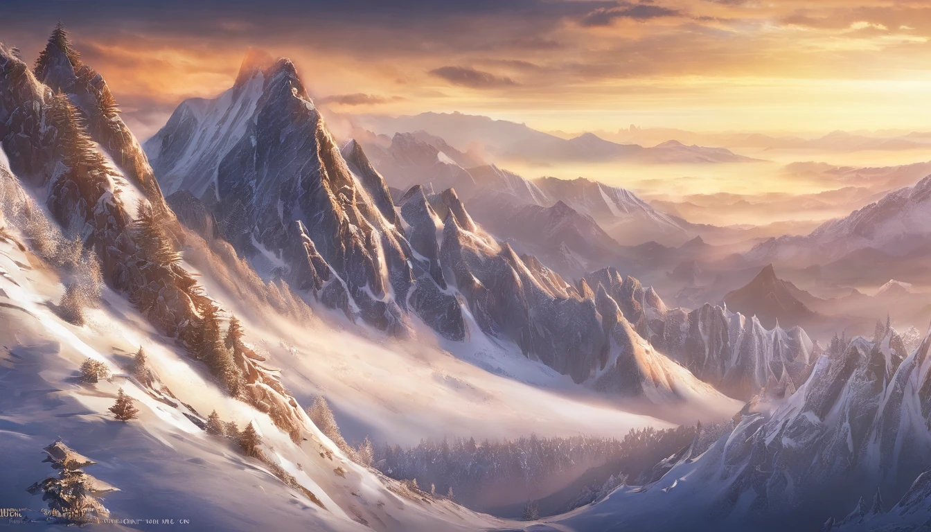 snow mountains，Rolling peaks，Oyuki，Cloudy at the foot of the mountain，Thick clouds，the setting sun，The light is depicted in detail，oc rendered，high qulity，tmasterpiece，Hyper-realistic，Ultra photo realsisim，8K，super-fine，ultra - detailed，Ultra-wide angle of view，dynamic viewing angle
