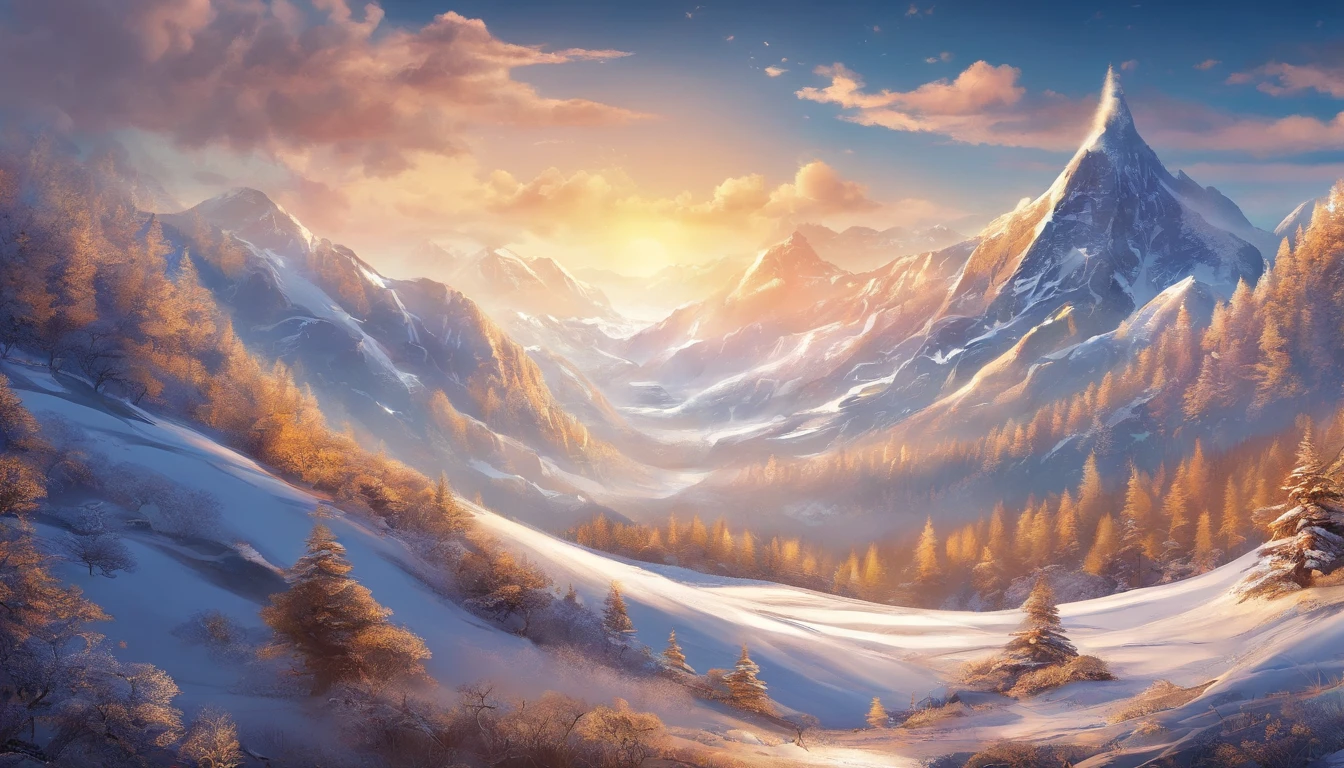 snow mountains，Rolling peaks，Oyuki，Cloudy at the foot of the mountain，Thick clouds，the setting sun，The light is depicted in detail，oc rendered，high qulity，tmasterpiece，Hyper-realistic，Ultra photo realsisim，8K，super-fine，ultra - detailed，Ultra-wide angle of view，dynamic viewing angle