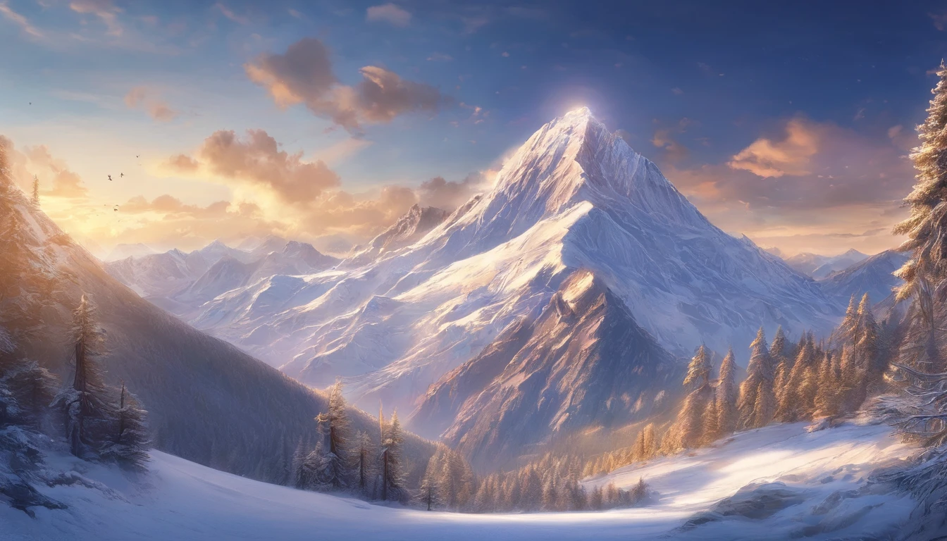 snow mountains,Rolling peaks,Oyuki,Cloudy at the foot of the mountain,Thick clouds,the setting sun,The light is depicted in detail,oc rendered,high qulity,tmasterpiece,Hyper-realistic,Ultra photo realsisim,8K,super-fine,ultra - detailed,Ultra-wide angle of view,dynamic viewing angle