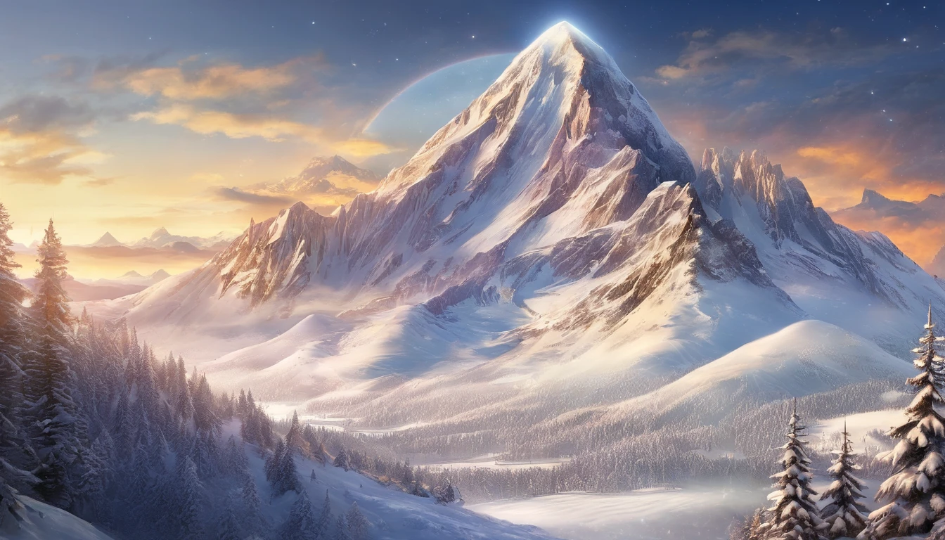 snow mountains，Rolling peaks，Oyuki，Cloudy at the foot of the mountain，Thick clouds，the setting sun，The light is depicted in detail，oc rendered，high qulity，tmasterpiece，Hyper-realistic，Ultra photo realsisim，8K，super-fine，ultra - detailed，Ultra-wide angle of view，dynamic viewing angle