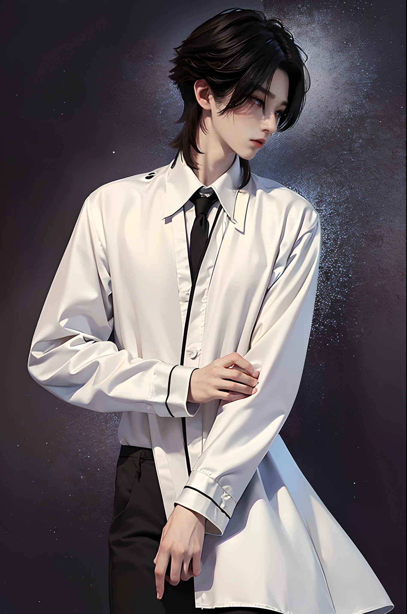 masterpiece、(top-quality)、((high-level image quality))、One Manly Boy、Slim body、((White Y-shirt and long black pants))、(Detailed beautiful eyes)、Walking together on the road at night、Face similar to Chaewon in Ruseraphim、((Smaller face))、((Neutral face))、((Korean boy))、((18year old))、((Handsome man))、((Wild look))、((Korean Makeup))、((elongated and sharp eyes))、((Walk in front of the viewer))、((Shooting from the side at close range))、((Nijisanji no Kuzuha cosplay))