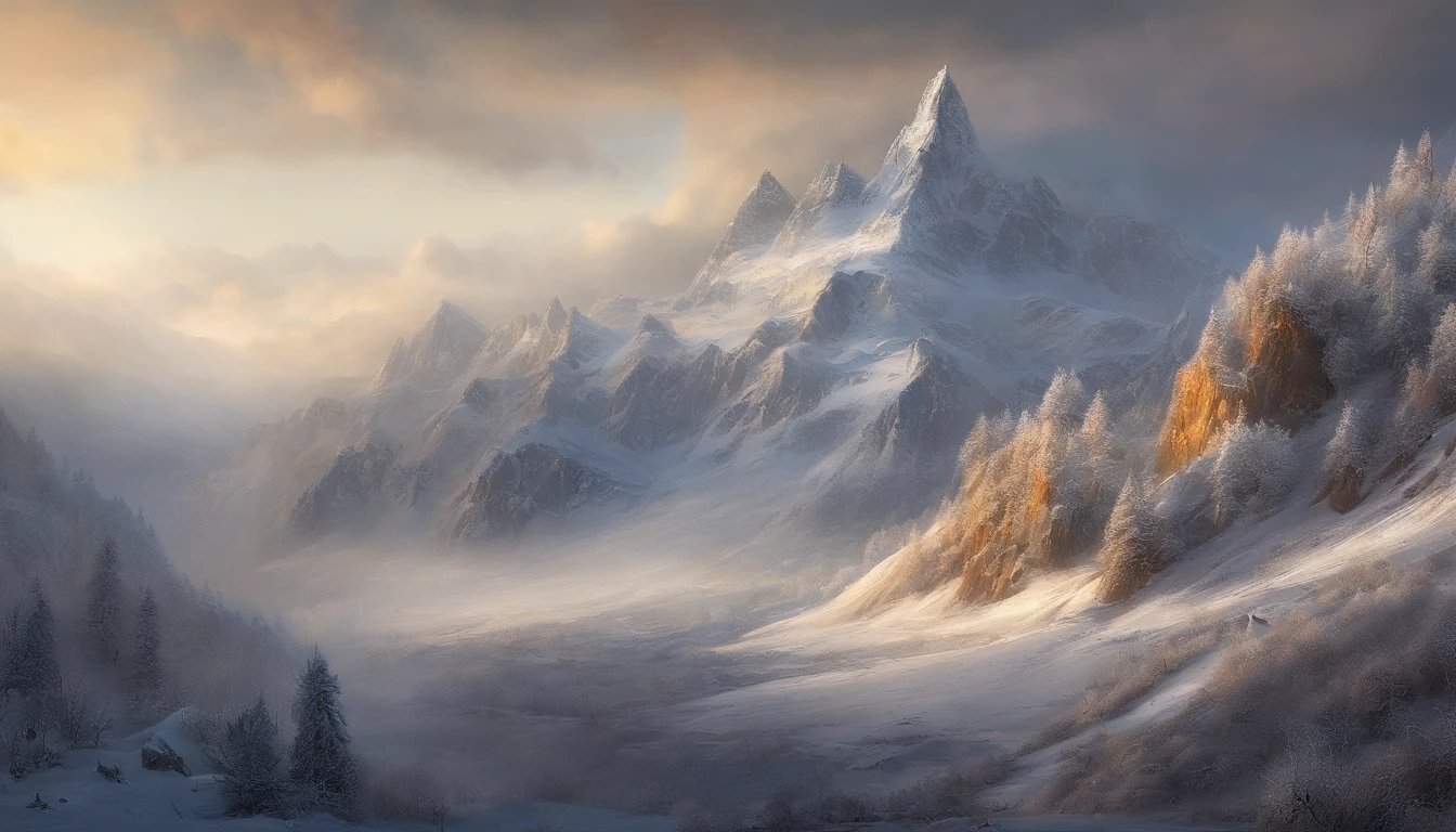 snow mountains，Rolling peaks，Oyuki，Cloudy at the foot of the mountain，Thick clouds，the setting sun，The light is depicted in detail，oc rendered，high qulity，tmasterpiece，Hyper-realistic，Ultra photo realsisim，8K，super-fine，ultra - detailed，Ultra-wide angle of view，Dynamic perspective
Warming up