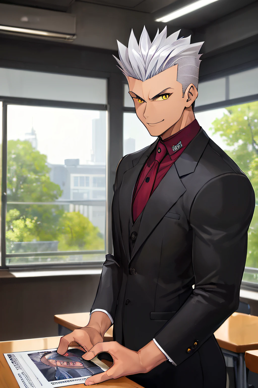 TAN-red SKIN, Teenage MAN, boy, (masterpiece, best quality), KujouCSA, break, 1boy, (Teenager), 15 years old, (((15 YEARS))) high school student, alone, black formal long sleeve shirt, BLACK SHIRT ((Expensive clothes)), muscular chest, chiseled abs, body full of muscles, yellow eyes, dark silver hair, (((DARK SILVERHAIR))) (DARK SILVER HAIR) spiky hair, hair shaved on the sides, evil smile, fang, intimidating expression, tan-red skin, tanned man, attractive, teenager, toned pecs, muscular arms, bull neck, smile, aesthetics, look at viewer, upper body photo, university classroom, rest, garden manor. (((short spiked hair))) (((short spiked hair))) (((15 YEARS))) (((15 YEARS))) (((15 YEARS)))