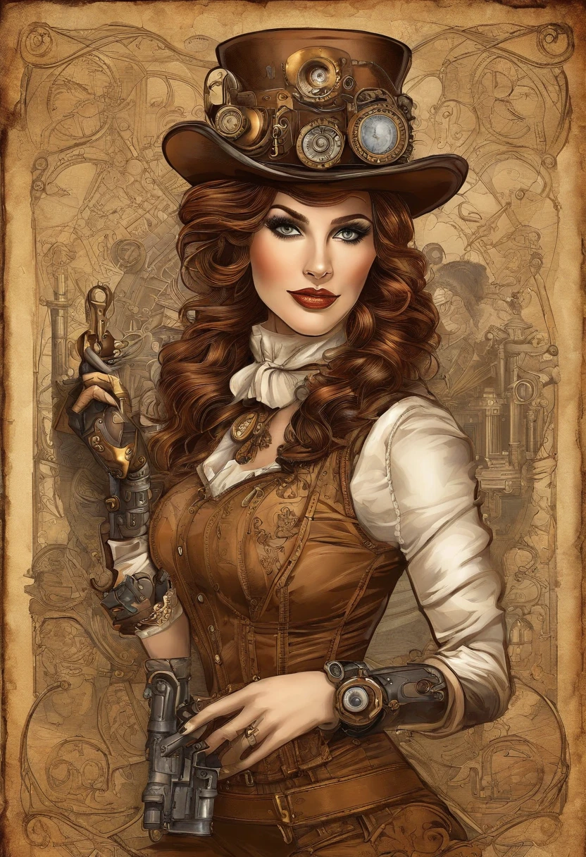 There's a woman wearing a Steam Punk hat and holding a gun.., Steampunk, usando trajes Steampunk, meninatora steampunk, (Steampunk), ( Steampunk ), estilo steampunk, Steam-punk, Steampunk Fiction, steampunk aesthetic, uma deusa Steampunk bonita, steampunk mulher anime bonita, Steampunk, fantasia Steampunk, estilo de fantasia steampunk, arte steampunk, arte digital steampunk, roupas Steampunk