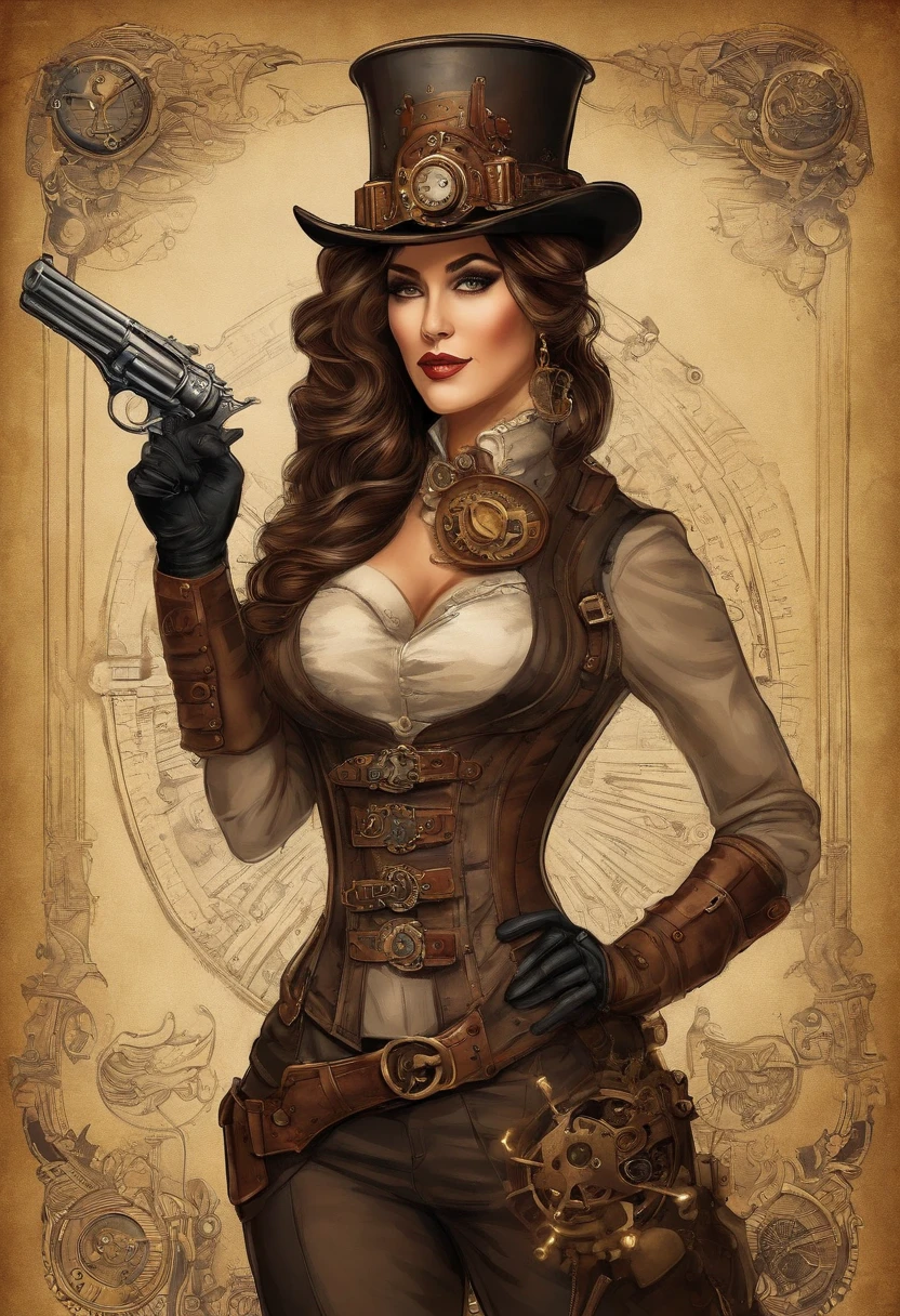 There's a woman wearing a Steam Punk hat and holding a gun.., Steampunk, usando trajes Steampunk, meninatora steampunk, (Steampunk), ( Steampunk ), estilo steampunk, Steam-punk, Steampunk Fiction, steampunk aesthetic, uma deusa Steampunk bonita, steampunk mulher anime bonita, Steampunk, fantasia Steampunk, estilo de fantasia steampunk, arte steampunk, arte digital steampunk, roupas Steampunk