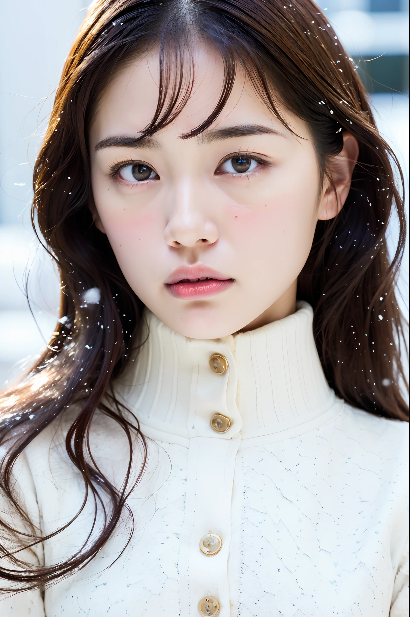 (8k, best quality, masterpiece, ultra highres:1.2) Photo of Pretty Japanese woman
 in the (style of paul rubens and rebecca guay:1.1) (melancholy winter snow:1.4)