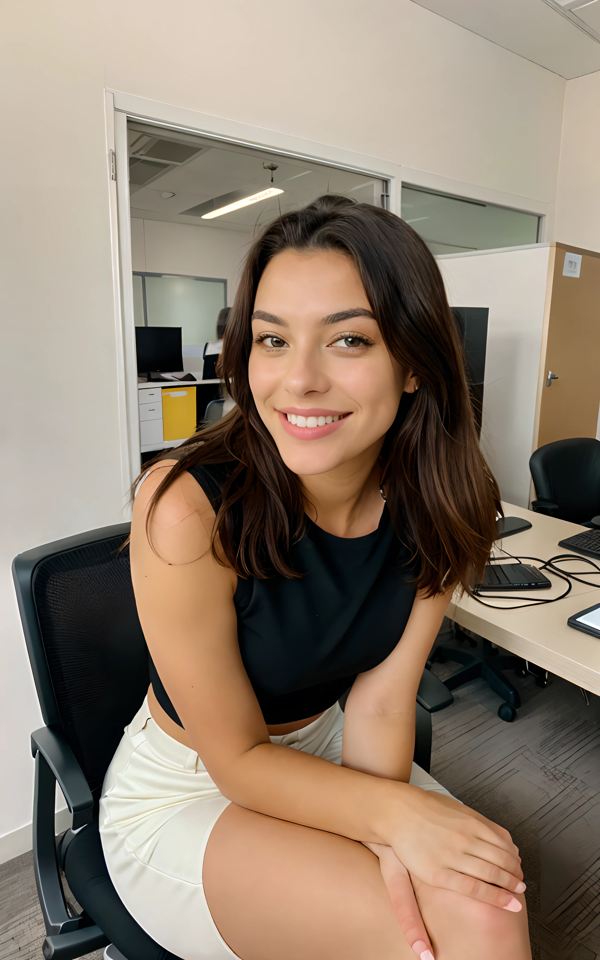 Kodak disposable camera photo of a beautiful female, smiling suggestively, sitting in an office