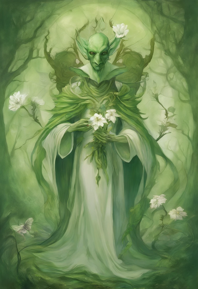 painting of a green alien with a white flower in its hand, concept art inspired by Brian Froud, deviantart, art nouveau, brian froud style, brian froud juan gimenez, faerie, artgerm and brian froud, jean - baptiste monge, pixie character, goblin art, faeries, monge jean-baptiste monge