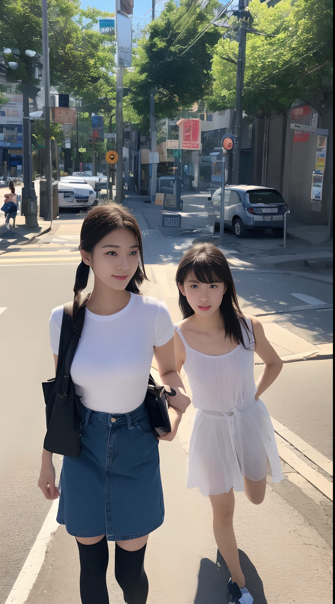 Two girls: A 16-year-old girl walks in front of a zebra crossing at a traffic light on a Hong Kong street,Extreme light and shadow,Aurora chase,Extremely strong reflected light,Extreme shadows,Town,blue-sky,warm sunlight,enjoying life,Healing pictures,(Smile 0.8)(Upper body close-up 1.2)(Great view 1.2)(Clean background 1.2)(Delicate facial features1.3)(Perfect body 1.1)(Flat chest 1.1)(Global illumination 1.2)(Surreal scenario 1.3)(Wear denim suspenders 1.2)(Double ponytail 1.3)(Playful cute shape 1.3),rendering by octane,CGSociety trends,Super sharp,highly intricate detail,realistic raytraicing,((hyper realistic detailed))(Ultra-delicate eye structure 1.3)(There is reflected light in the eye1.3)(Body tilt 1.2)Analog cameras(Realistic portrait 1.3)(Bust close-up 1.3)(Young and energetic1.3)(Playful 1.3)(Milk tea 1.1)