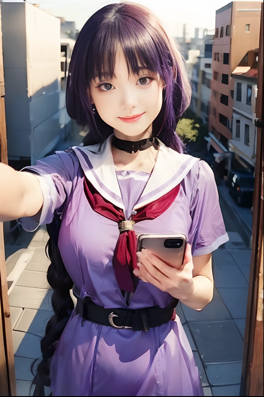 Masterpiece, best quality, 1girl,PURPLE HAIR, MULTICOLORED HAIR, AHOGE,SAILOR COLLAR, HALO, PLEATED SKIRT, STAR HAIR ORNAMENT,REISA\(BLUE_ARCHIVE\)