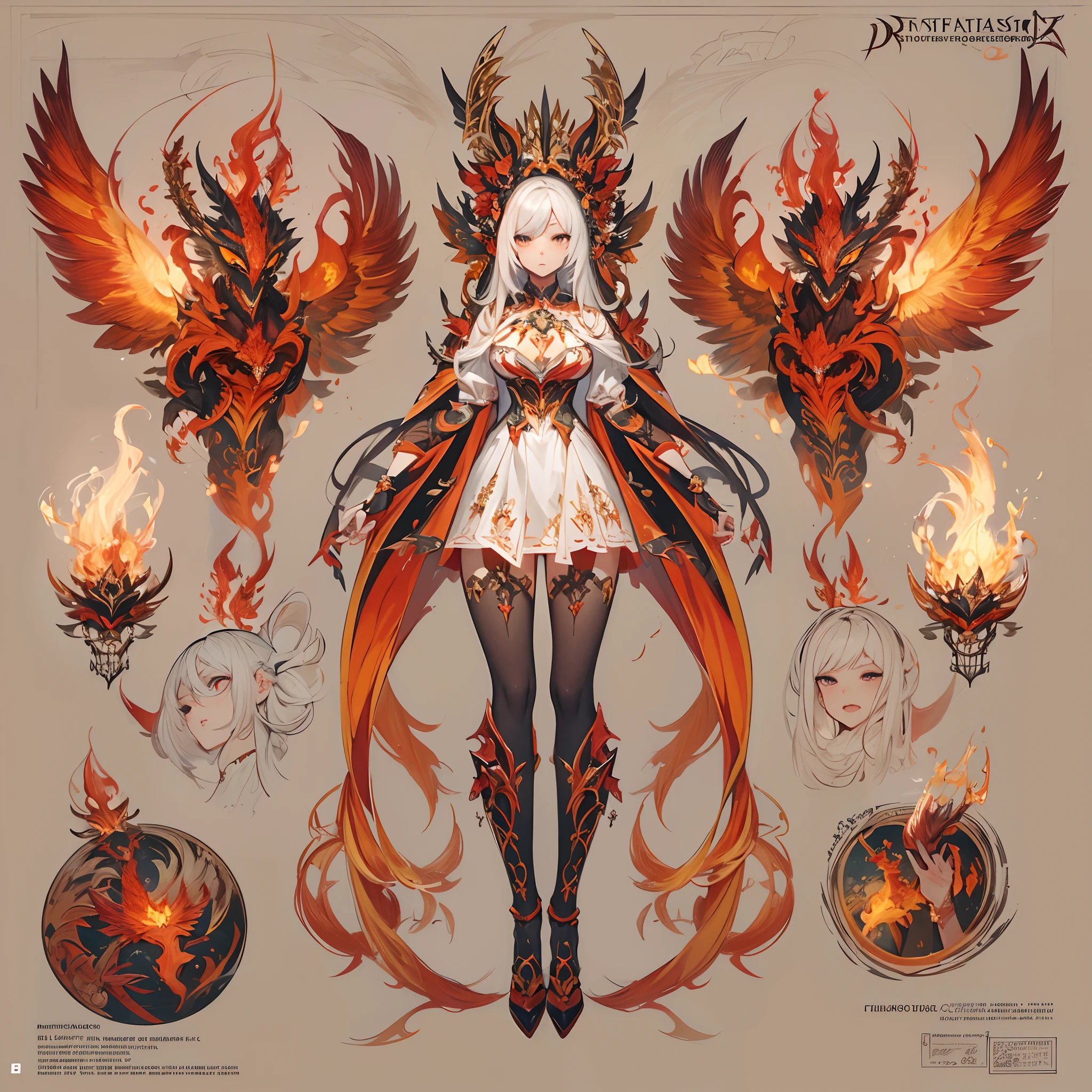 ((Masterpiece, Highest quality)), Detailed face, CharacterDesignSheet, full bodyesbian, Full of details, Multiple poses and expressions, Highly detailed, Depth, beuaty girl,summoning,red colour,Flames surround,estilo fantasia,lacepantyhose,Extremely beautiful,High Balance, Natural light,,Phoenix decoration,Pedras preciosas