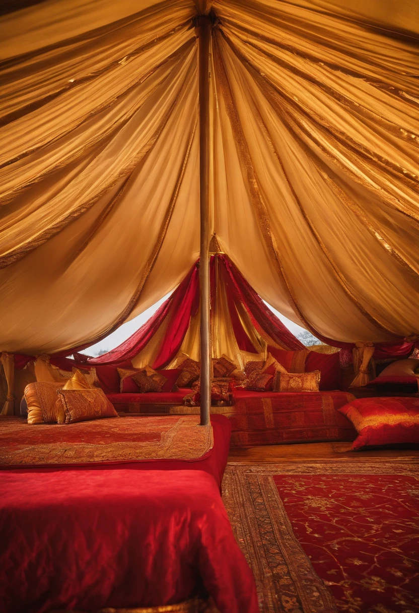 The tents of the Golden Gypsies are an extension of their wealth and beauty. Decorated with silk and satin fabrics, fine rugs, and intricate adornments, these tents create a luxurious and welcoming environment that reflects the clan's opulent lifestyle.::3 gold color::3 --aspect 16:9 --repeat 1