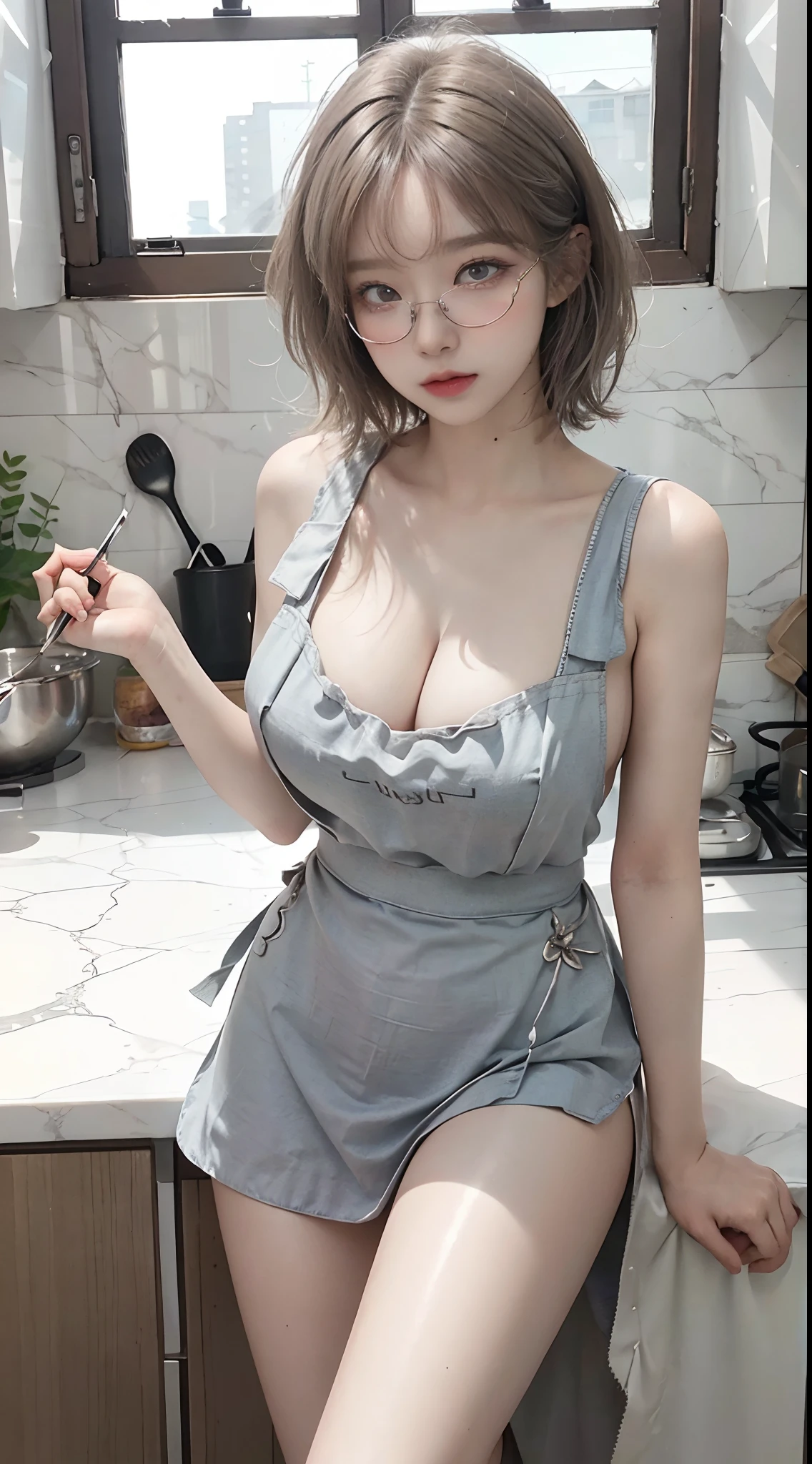 Top image quality、Raw photography、超A high resolution、18-year-old Korean、Glasses beauty、Colossal tits:1.5、cleavage of the breast:1.5、Healthy complexion、shiny white skin、(short cut hair)、((Light brown silver hair))、Beautiful eyes with random colors、very thin lips、beautiful eyes finely detailed、elongated eyes、pale pink blush、long eyeslashes、Beautiful double eyelids、eyeshadows、耳Nipple Ring、Beautiful skin、(Fashionable glasses、Wearing _kitchin_Apron、V-neck micro size apron、Transverse breasts、Beautiful legs、Attractive thighs)、(slightly thicker thighs、Photograph the entire leg、Sit in the kitchen、Photograph the whole body)