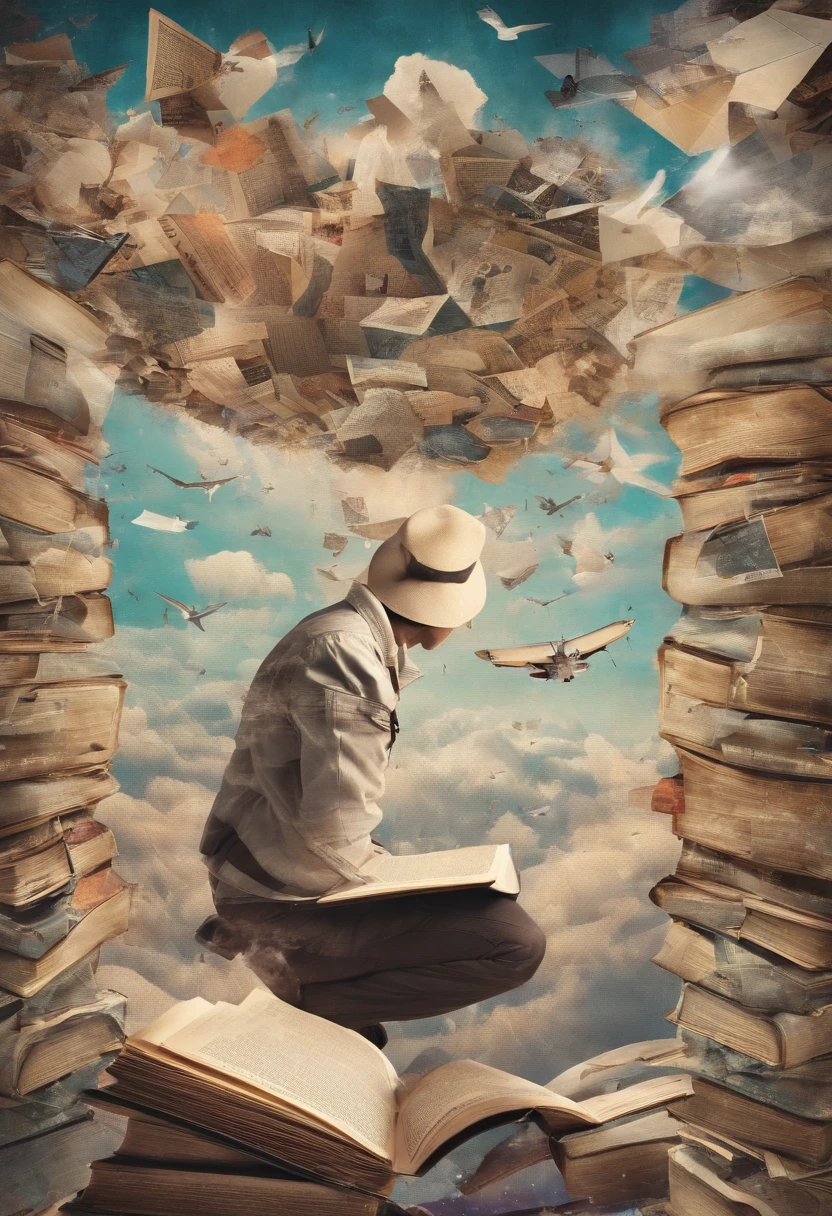 Books start to appear in the sky, flying around the person. The camera angle should be a high-angle shot looking down at the person.