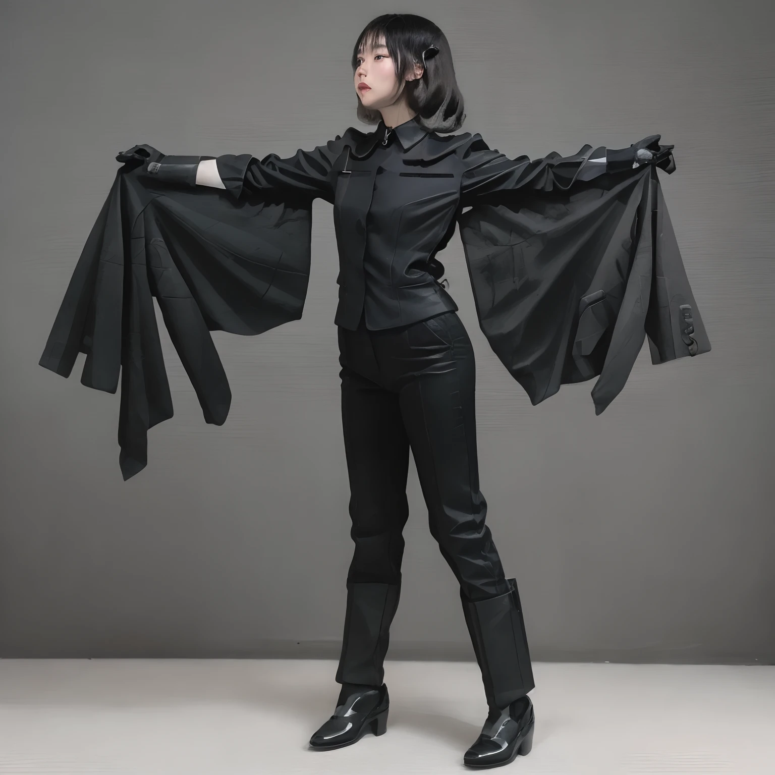 Young Japan woman lifting black suit onto shirt, Black leather gloves worn on both hands, Hands of woman in black suit and black leather gloves in front of you