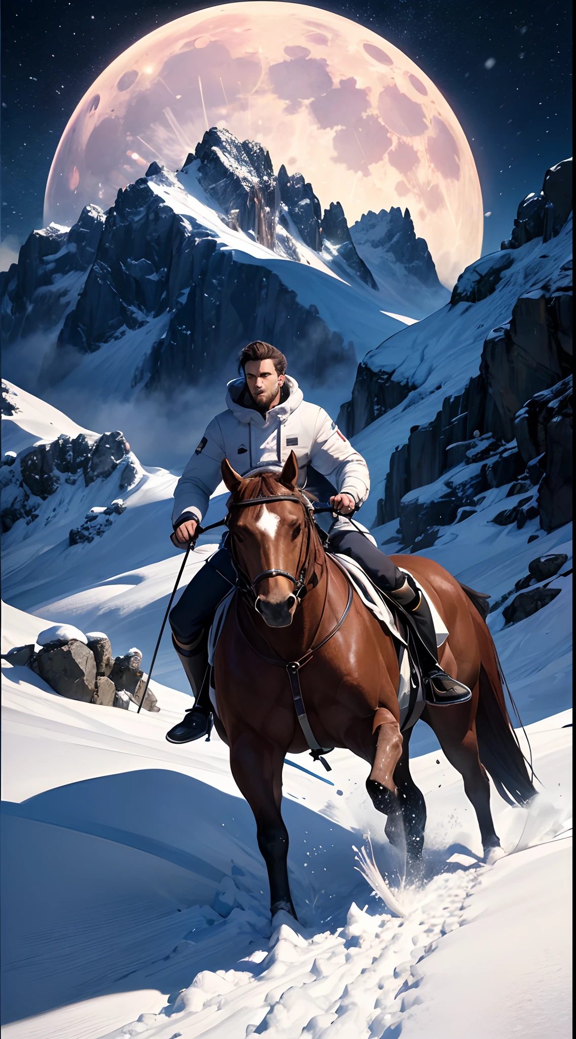 Arafed poster,A man rides a snowboard in front of a huge moon, Snowy mountains cast on men, god of moon, Chiba Yuda, official poster artwork, large moon, The snowy mountains behind him, the huge moon, incredible ruan jia movie poster, Official artwork, Snow Mountain Mission, Illustration poster, Knight of the Snowy Mountains