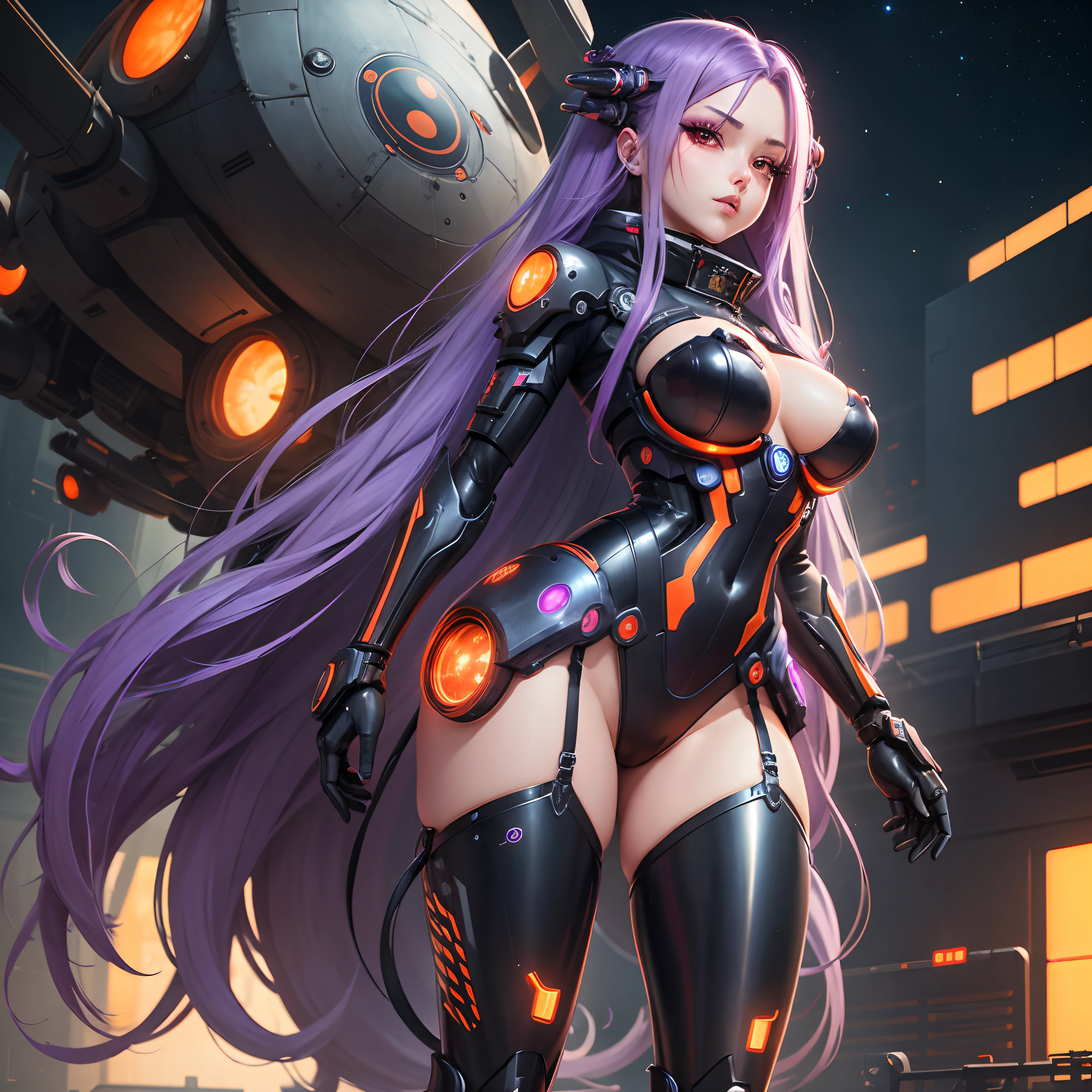 Sexy mechanical girl with prostheses cybernetic prostheses with flesh elements long purple hair red eyes black mechanical exoskeleton robot android big thighs seen panties anime style background spaceship black and orange stars planets cosmic nebula supernova