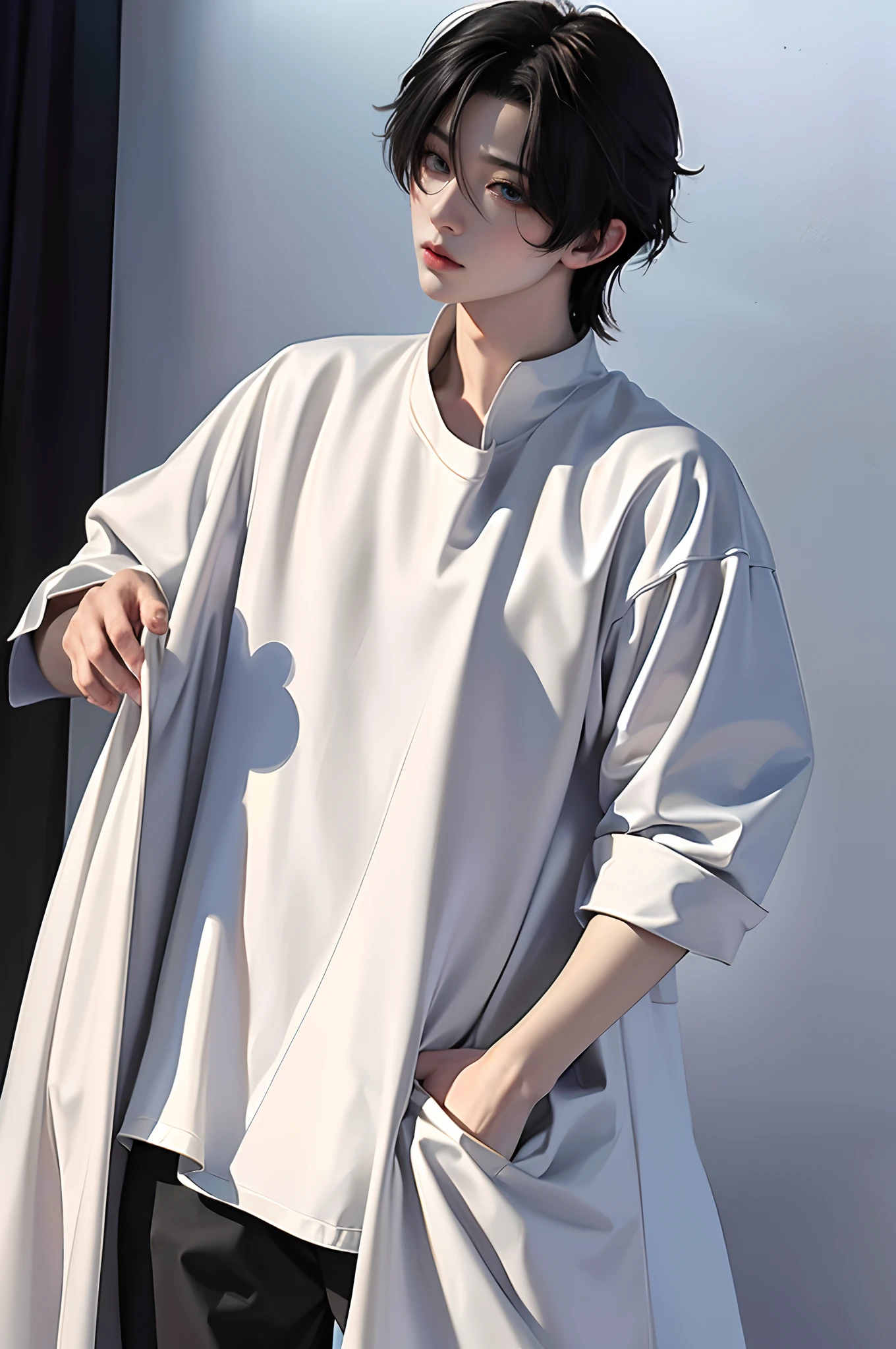 ​masterpiece、（top-quality)、((high-level image quality))、One Manly Boy、Slim body、((White Y-shirt and long black pants))、(Detailed beautiful eyes)、Walking together on the road at night、Face similar to Chaewon in Ruseraphim、((Smaller face))、((Neutral face))、((Korean boy))、((18year old))、((Handsome man))、((Wild look))、((Korean Makeup))、((elongated and sharp eyes))、((Walk in front of the viewer))、((Shooting from the side at close range))、((Nijisanji no Kuzu Cosplay))