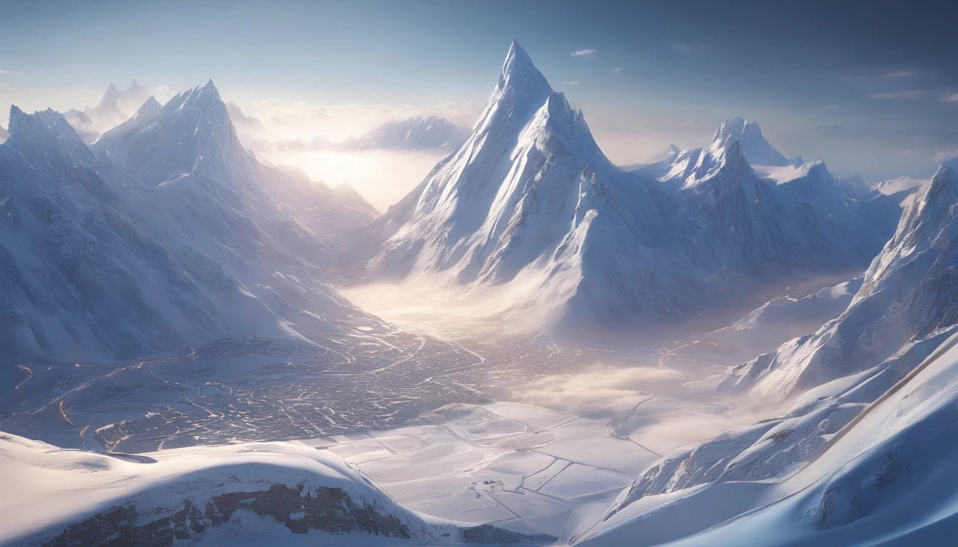 snow mountains，Rolling peaks，Oyuki，Cloudy at the foot of the mountain，Thick clouds，the setting sun，The light is depicted in detail，oc rendered，high qulity，tmasterpiece，Hyper-realistic，Ultra photo realsisim，8K，super-fine，ultra - detailed，Ultra-wide angle of view，dynamic viewing angle