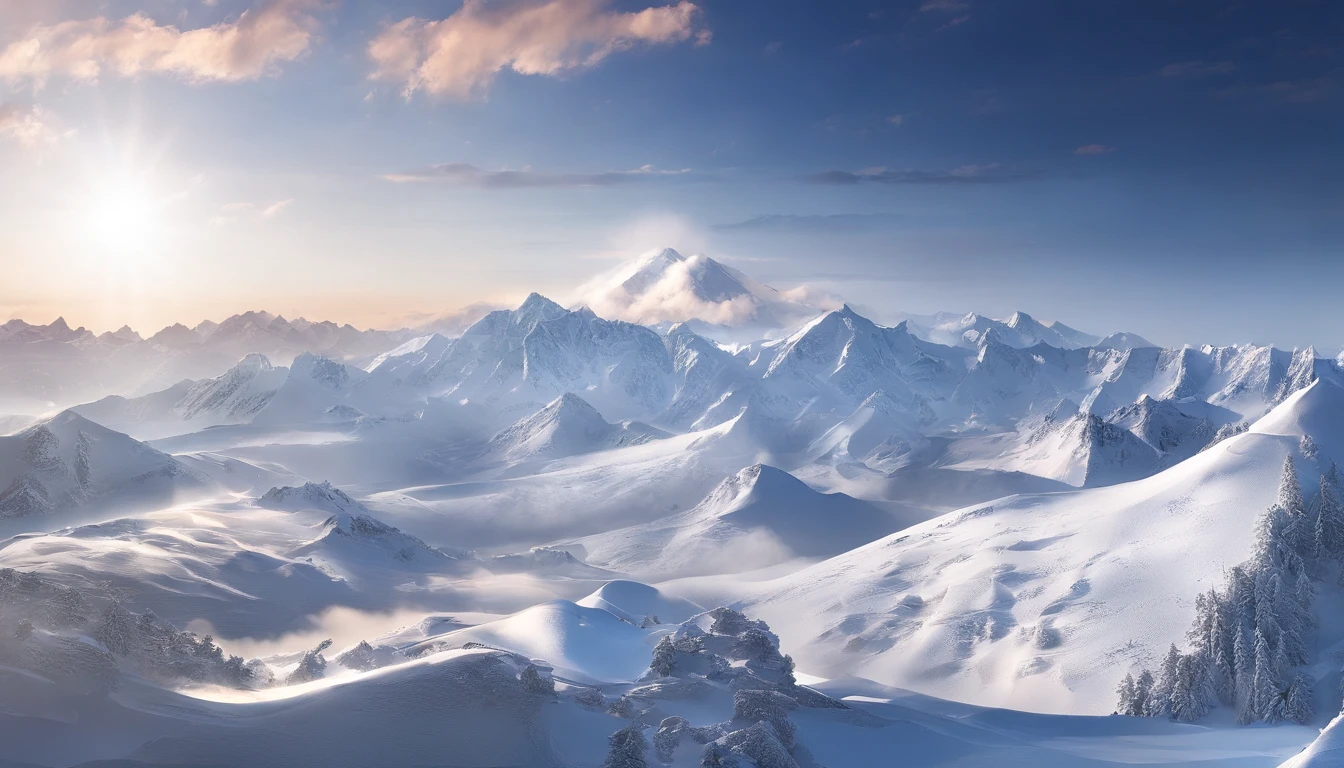 snow mountains,Rolling peaks,Oyuki,Cloudy at the foot of the mountain,Thick clouds,the setting sun,The light is depicted in detail,oc rendered,high qulity,tmasterpiece,Hyper-realistic,Ultra photo realsisim,8K,super-fine,ultra - detailed,Ultra-wide angle of view,dynamic viewing angle