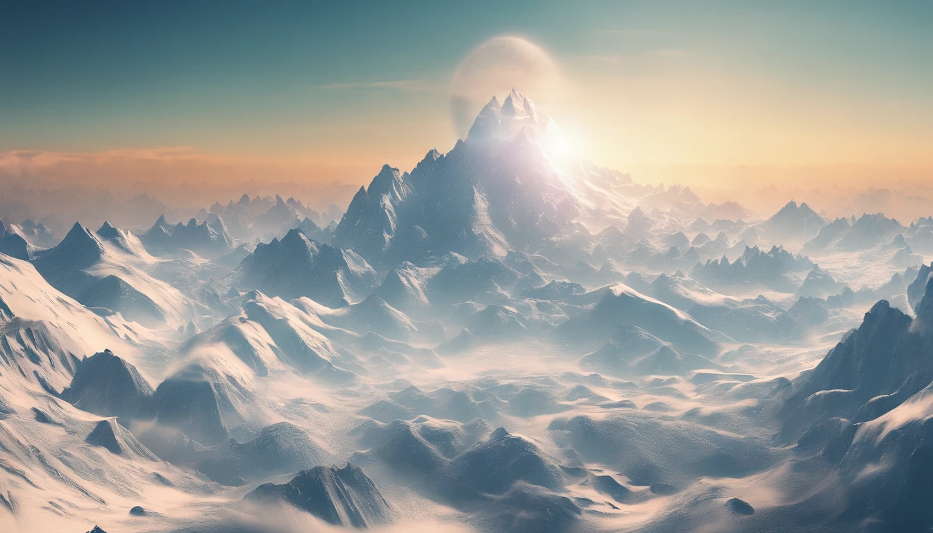 snow mountains,Rolling peaks,Oyuki,Cloudy at the foot of the mountain,Thick clouds,the setting sun,The light is depicted in detail,oc rendered,high qulity,tmasterpiece,Hyper-realistic,Ultra photo realsisim,8K,super-fine,ultra - detailed,Ultra-wide angle of view,dynamic viewing angle