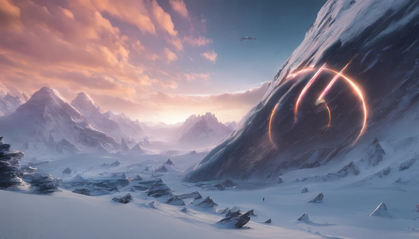 snow mountains,Rolling peaks,Oyuki,Cloudy at the foot of the mountain,Thick clouds,the setting sun,The light is depicted in detail,oc rendered,high qulity,tmasterpiece,Hyper-realistic,Ultra photo realsisim,8K,super-fine,ultra - detailed,Ultra-wide angle of view,dynamic viewing angle