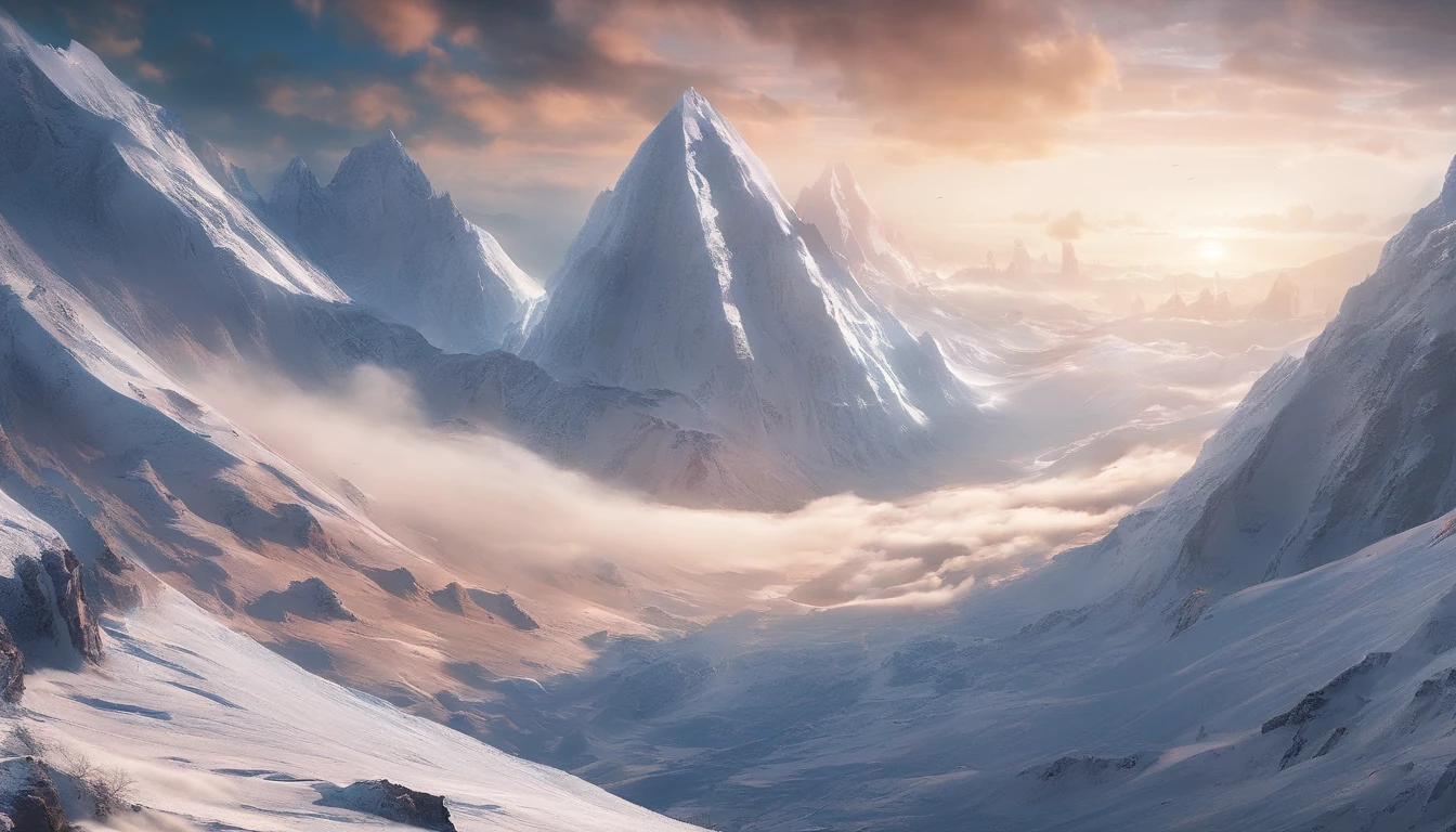 snow mountains,Rolling peaks,Oyuki,Cloudy at the foot of the mountain,Thick clouds,the setting sun,The light is depicted in detail,oc rendered,high qulity,tmasterpiece,Hyper-realistic,Ultra photo realsisim,8K,super-fine,ultra - detailed,Ultra-wide angle of view,dynamic viewing angle