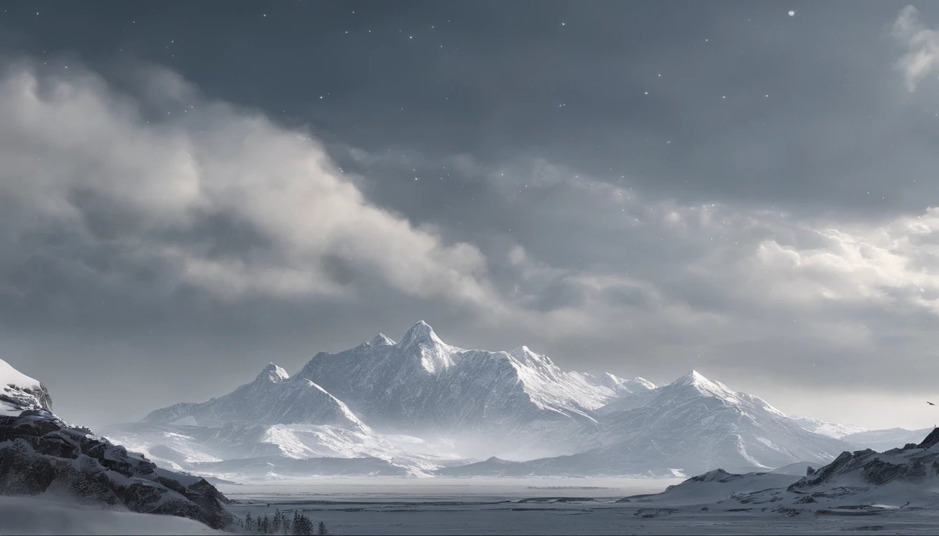 snow mountains,Rolling peaks,Oyuki,Cloudy at the foot of the mountain,Thick clouds,the setting sun,The light is depicted in detail,oc rendered,high qulity,tmasterpiece,Hyper-realistic,Ultra photo realsisim,8K,super-fine,ultra - detailed,Ultra-wide angle of view,dynamic viewing angle