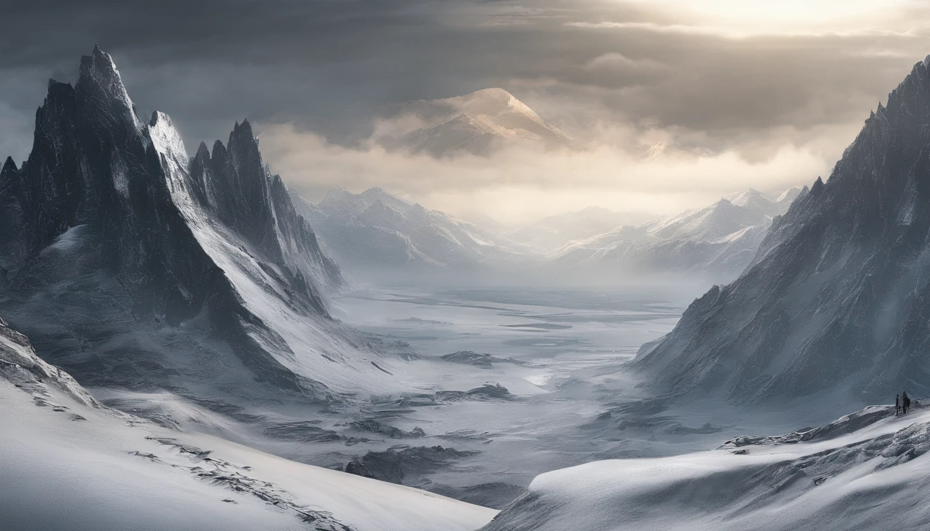 snow mountains,Rolling peaks,Oyuki,Cloudy at the foot of the mountain,Thick clouds,the setting sun,The light is depicted in detail,oc rendered,high qulity,tmasterpiece,Hyper-realistic,Ultra photo realsisim,8K,super-fine,ultra - detailed,Ultra-wide angle of view,dynamic viewing angle
