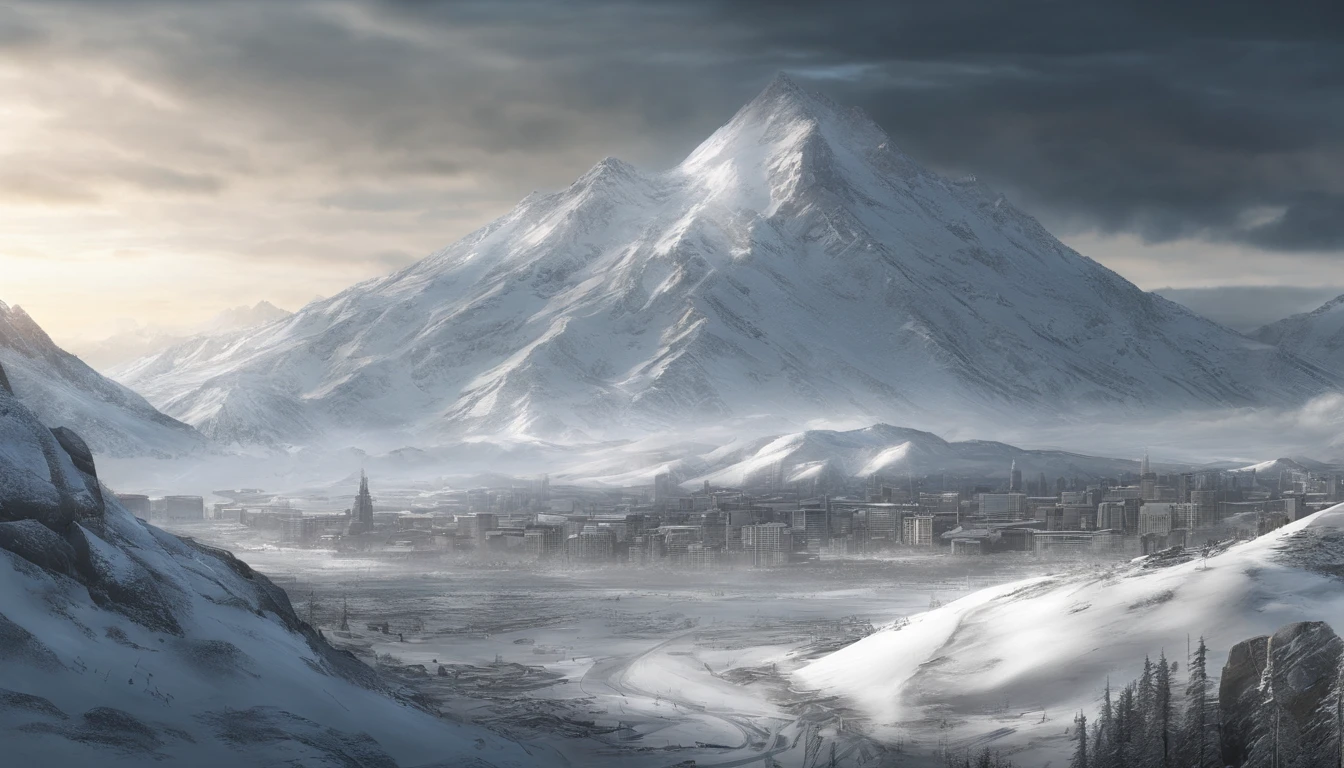snow mountains,Rolling peaks,Oyuki,Cloudy at the foot of the mountain,Thick clouds,the setting sun,The light is depicted in detail,oc rendered,high qulity,tmasterpiece,Hyper-realistic,Ultra photo realsisim,8K,super-fine,ultra - detailed,Ultra-wide angle of view,dynamic viewing angle