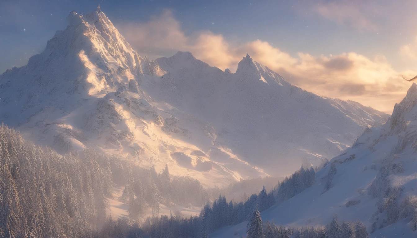 snow mountains，Rolling peaks，Oyuki，Cloudy at the foot of the mountain，Thick clouds，the setting sun，The light is depicted in detail，oc rendered，high qulity，tmasterpiece，Hyper-realistic，Ultra photo realsisim，8K，super-fine，ultra - detailed，Ultra-wide angle of view，dynamic viewing angle
