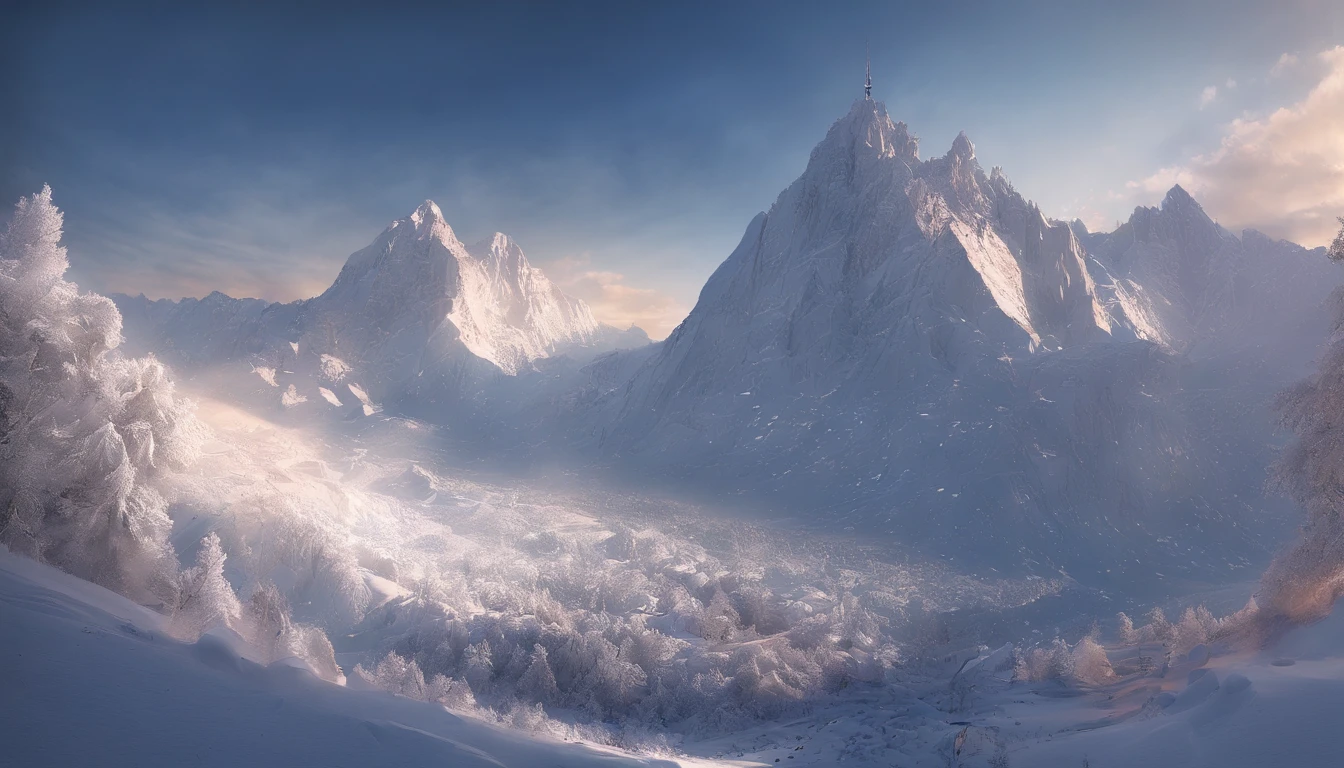 snow mountains,Rolling peaks,Oyuki,Cloudy at the foot of the mountain,Thick clouds,the setting sun,The light is depicted in detail,oc rendered,high qulity,tmasterpiece,Hyper-realistic,Ultra photo realsisim,8K,super-fine,ultra - detailed,Ultra-wide angle of view,dynamic viewing angle