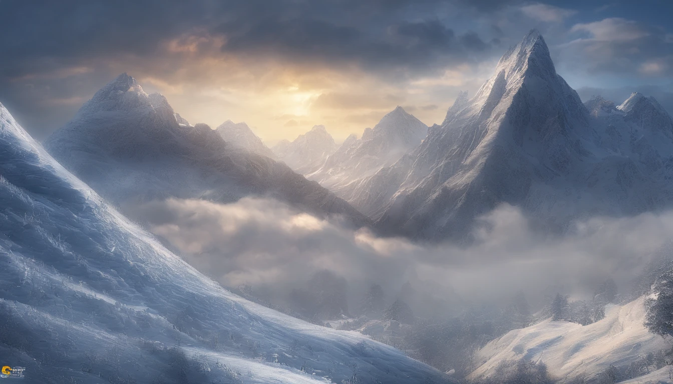 snow mountains,Rolling peaks,Oyuki,Cloudy at the foot of the mountain,Thick clouds,the setting sun,The light is depicted in detail,oc rendered,high qulity,tmasterpiece,Hyper-realistic,Ultra photo realsisim,8K,super-fine,ultra - detailed,Ultra-wide angle of view,dynamic viewing angle