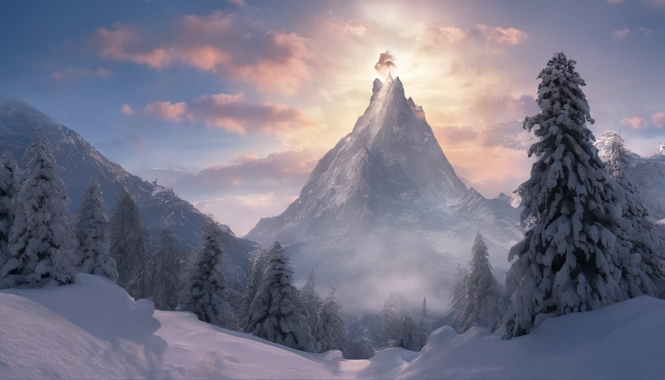 snow mountains，Rolling peaks，Oyuki，Cloudy at the foot of the mountain，Thick clouds，the setting sun，The light is depicted in detail，oc rendered，high qulity，tmasterpiece，Hyper-realistic，Ultra photo realsisim，8K，super-fine，ultra - detailed，Ultra-wide angle of view，dynamic viewing angle