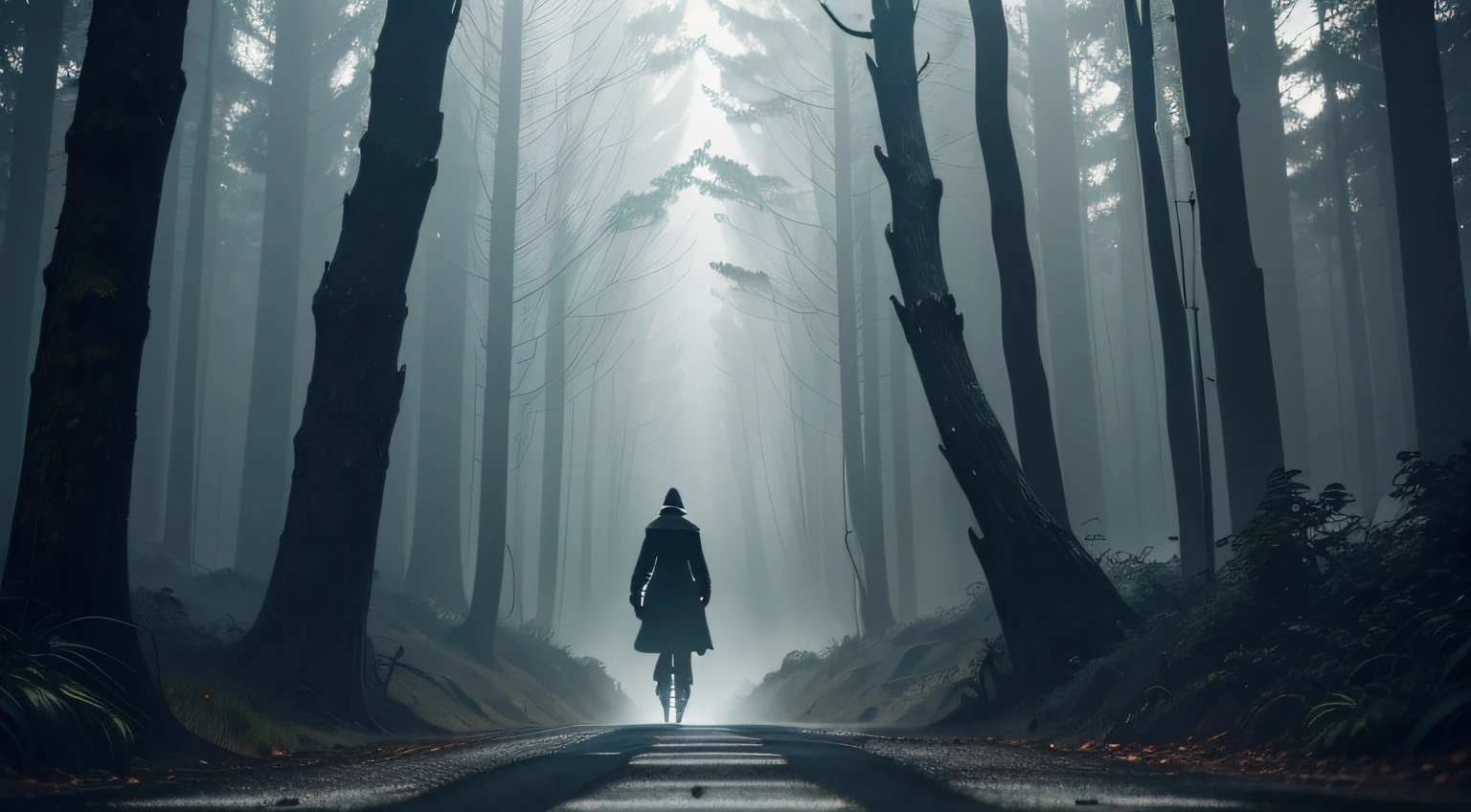 Set against a backdrop of a desolate, moonless night, a winding road stretches into the distance. The sky is shrouded in thick, swirling mist, casting an eerie pallor over the landscape. The only source of light is the feeble glow of a solitary pair of headlights, barely piercing through the oppressive darkness.
On the side of the road, a spectral figure emerges from the shadows, their form partially obscured, with a pale, ghostly glow emanating from their eyes. They stand with an outstretched arm, seeking a ride from the approaching vehicle.
The forest flanking the road is dense and foreboding, its twisted trees casting long, contorted shadows that seem to reach out and claw at the edges of the pavement. Faint whispers seem to echo through the trees, carrying with them an air of malevolence.
In the distance, the path curves sharply, disappearing into a black void, leaving the viewer with a sense of foreboding uncertainty about what lies beyond.