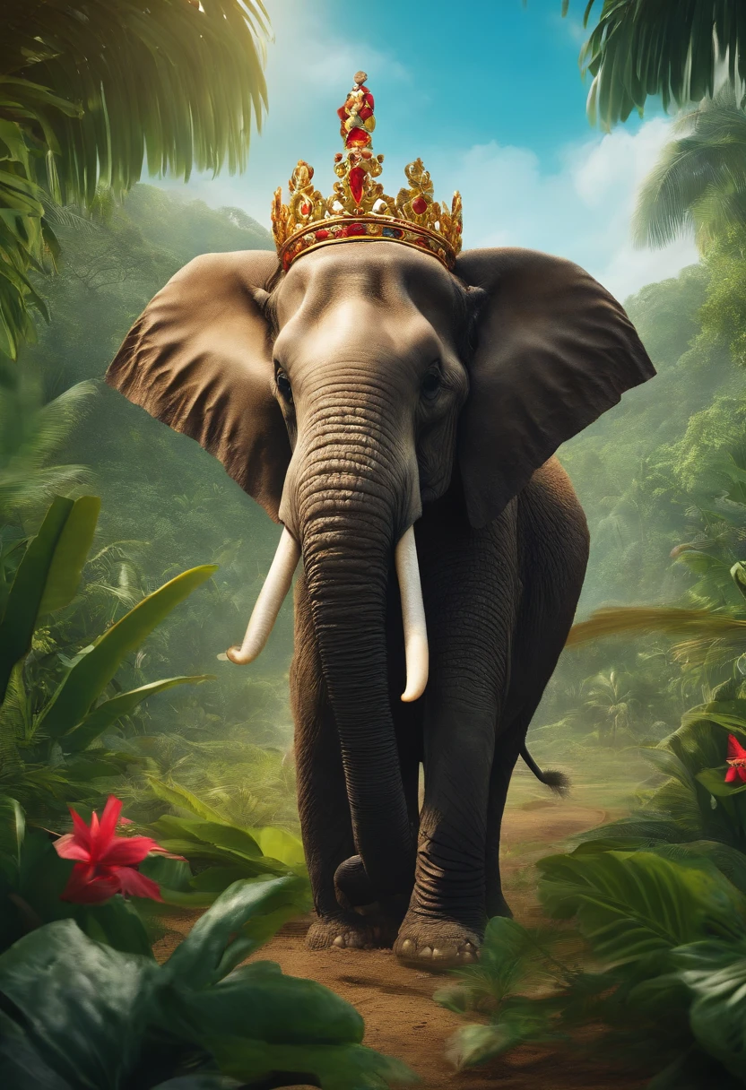 Create a scene where an elephant has a crown on its head, playing football set in a lush tropical landscape. Use bright colors and jungle details to convey the sense of adventure and tropical freshness.