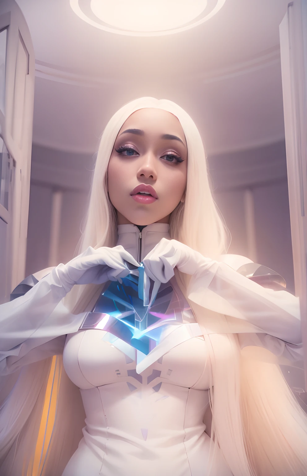 a woman hologram, ava max, her hair is blonde, high quality video, cardi b, platinum blonde hair, wig, doja cat, with long white hair, white straight hair, holding it out to the camera, patron saint of platinum blonde long hair,